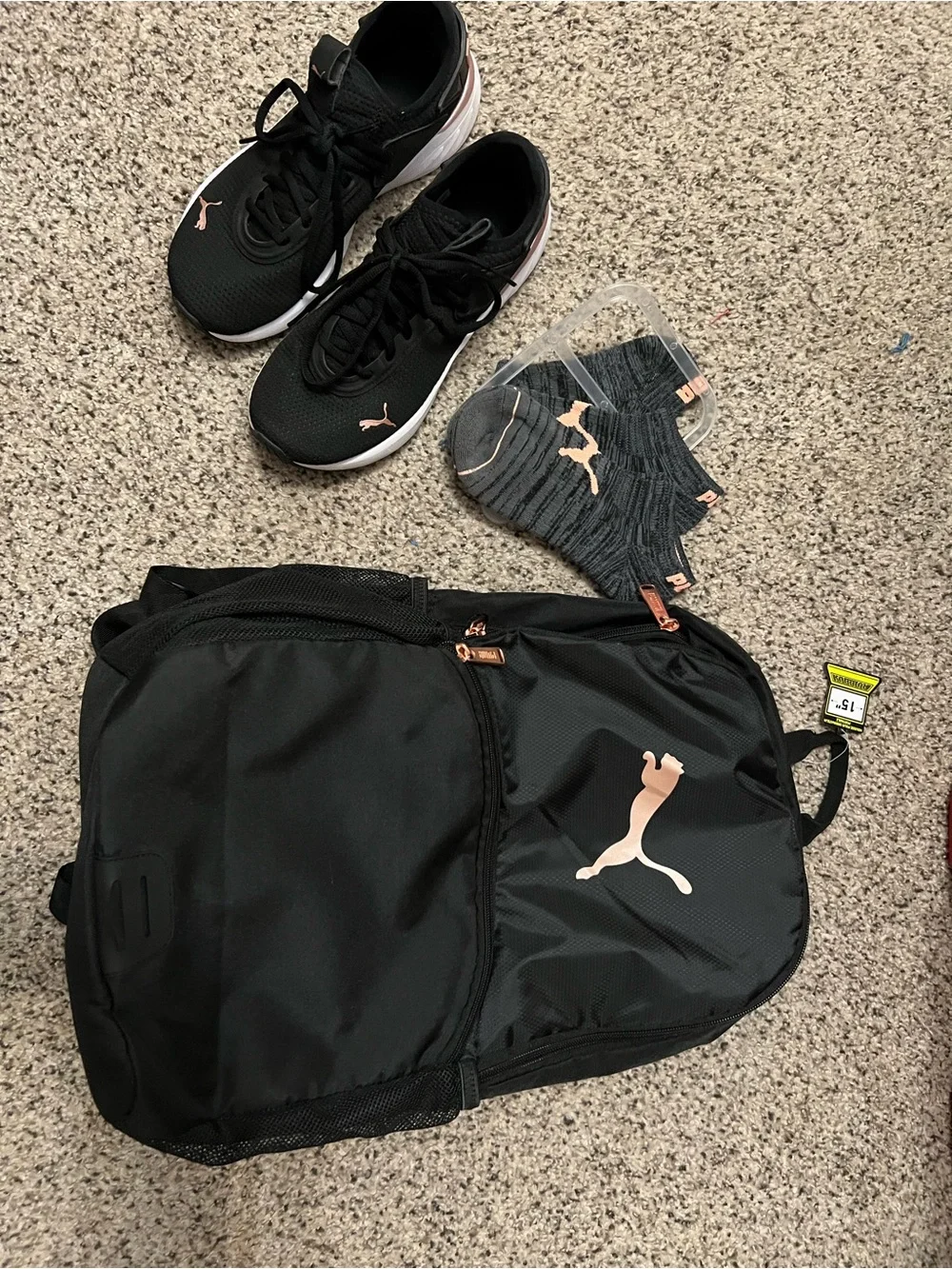 Puma Black Backpack with Rose Gold, Shoes size 7 womens, & socks Brand new.